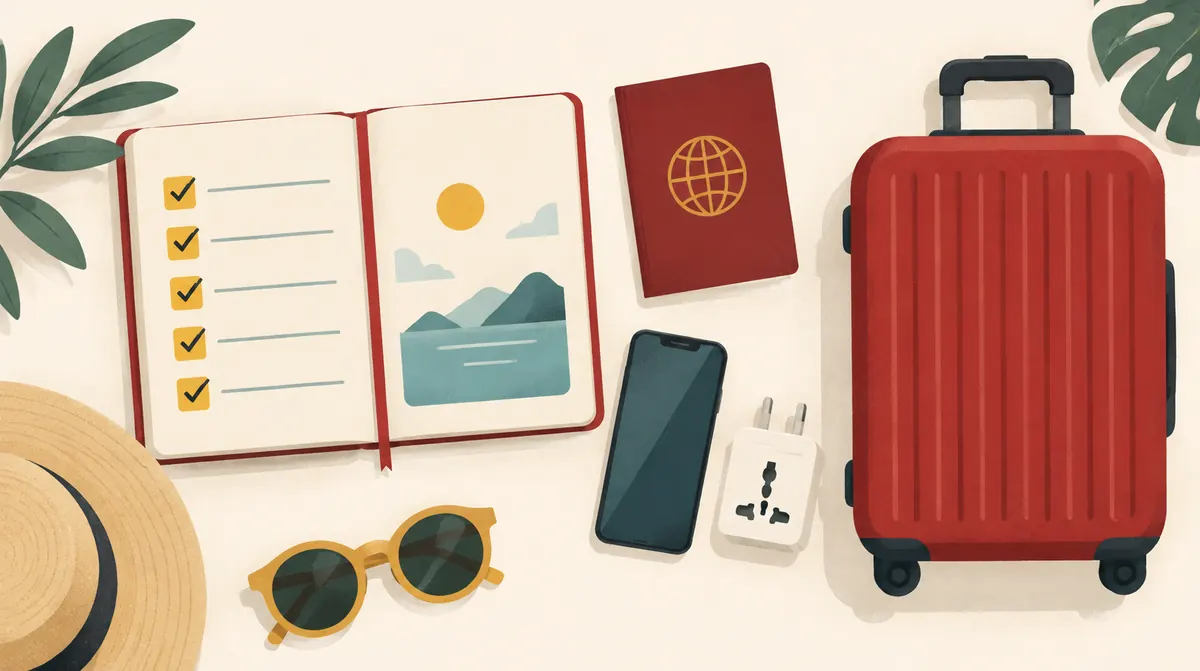 Passport, phone and travel adapter next to a ticked checklist